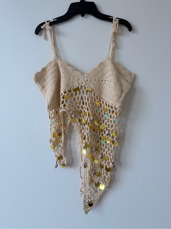 no brand Tops - Beige Crochet Sequin Tie-Shoulder Tank Top